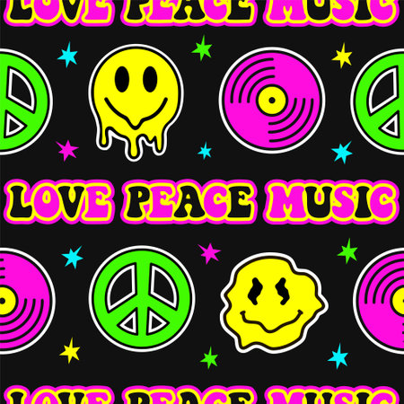 Retro design of Peace, Love and Music with peace symbol, vinyl disc and smiling face. Hippie groovy 60s style seamless pattern. Psychedelic music, acid concept. Vector cartoon character illustrationのイラスト素材