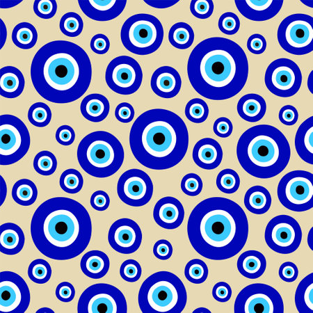 Seamless pattern with evil eyes. Symbol of protection Turkey, Greece, Cyprus, Crete. Background with magic items, attributes. Amulet - blue Turkish Fatima s Eye. Vector illustrationのイラスト素材