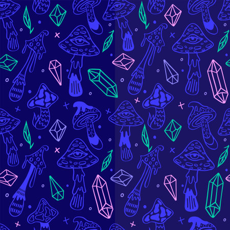 Magic mushrooms seamless pattern. Purple psychedelic mushrooms. Psychedelic hallucination. 60s hippie retro art. For wrapping paper, wallpaper, textile, fabric. Vector repeating illustration.のイラスト素材
