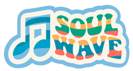 Soul Wave. Retro design of Music. 1970 s retro logo. Trendy hipster design. Summer party, event, festival emblem. Print for T-shirt, typography. Vector illustration.のイラスト素材
