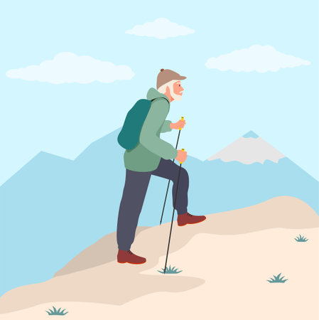 Senior man with backpack hiking outdoor in park. Old man walking with sticks. Isolated elderly man personage leading healthy lifestyle, doings sports and trekking. Vector Illustrationのイラスト素材