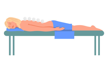 Young pretty woman lying on sofa with closed eyes and cups on her back. Vacuum cupping body therapy. Patient enjoying wellness SPA physiotherapy. Vector illustration isolated on white backgroundのイラスト素材