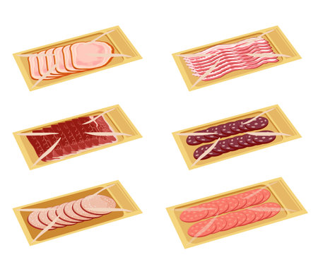 Food packed in food containers, slices of bacon, meat, jamon, sausages, ham and so on. Package with transparent wrap, food plastic tray container vector Illustration on a white background.のイラスト素材