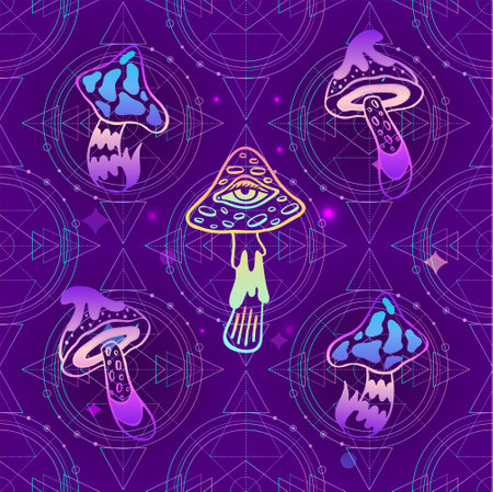 Bright psychedelic mushrooms seamless pattern, retro 60s, 70s hippie style background. Vintage psychedelic textile, fabric, wrapping, wallpaper. Vector repeating magic illustration.のイラスト素材