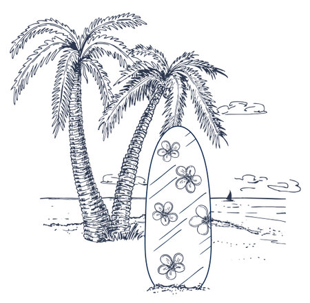 Surfboard on the beach with palm trees. Sketch style. Surfing beach vector landscape, panorama view with waves. Illustration of surf board in the sand. Black and white ink vintage sketch.のイラスト素材