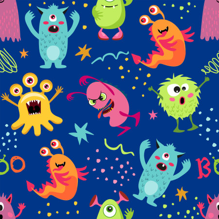 Seamless pattern with funny monsters. Cute cartoon creatures on dark background. Texture for kids apparel, fabric, textile, wrapping. Vector illustrationのイラスト素材