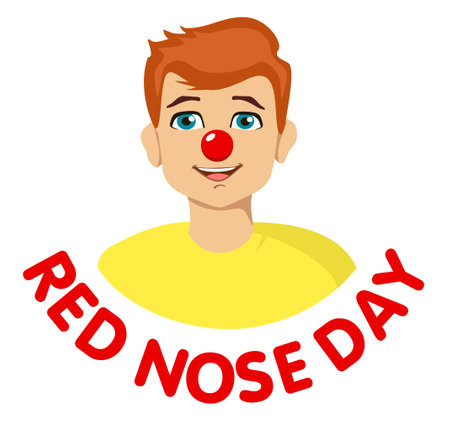 A smiling man has a red nose on his face. Vector illustration dedicated to the Red Nose Day. Of red nose day campaign where people do funny things to raise money for charity. For postcard, banner.のイラスト素材