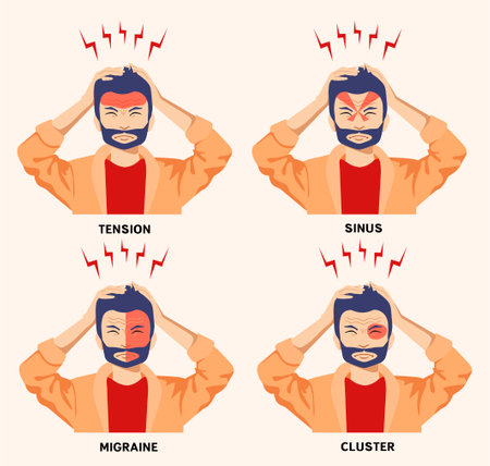 Types of headaches. Headaches on different area of patient head. on a white background. Flat vector infographics.のイラスト素材