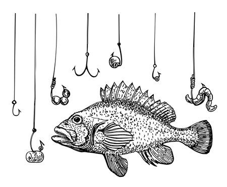Fish and a lot of fish hooks. Hand drawn fishing symbol. Fishing concept. The metaphor that the fish is in danger among the many hooks. Sketchのイラスト素材