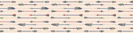 Vector abstract hand drawn seamless pattern with arrows in tender colors. Boho style ornament with simple arrows with feathers. Doodle and tribal style. Seamless background illustrationのイラスト素材