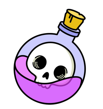 Magic bottle of purple Poison with skull. Game icon of magic elixir. Vector illustration isolated on white backgroundのイラスト素材