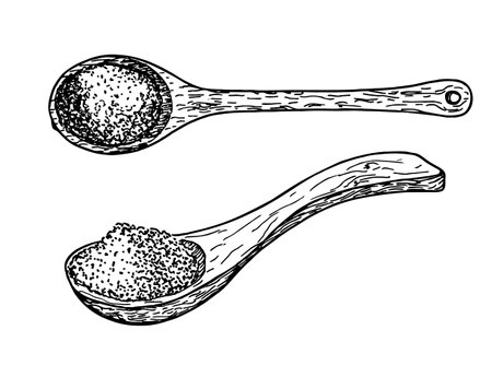 Wooden spoon with spices, salt, sugar, flour, cereals set. Large wooden spoon, vintage. Culinary vector sketch illustration. For recipes, cookbooks, illustrations hand drawing isolated on white.のイラスト素材