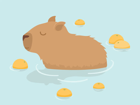 Cute Capybara vector design. Capybara in Japanese Onsen hot spring. Capybara and oranges. Kawaii drawing, funny illustration.のイラスト素材