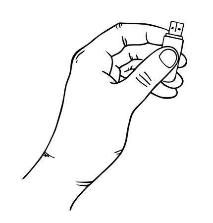 Hand holding USB flash drive. Information resident, flash card usb. Vector graphics in sketch style. Hand-drawn outline black line. Isolated image on a white background.のイラスト素材