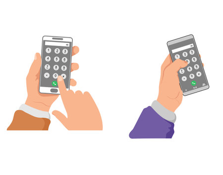 Dial number concept set. Hand holding the phone with the keypad with numbers on the screen. Keyboard template in touchscreen device. Phone call. Vector illustration element for web, print.のイラスト素材