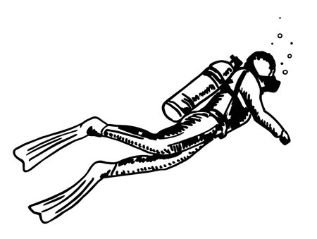 Vector Sketch style illustration of scuba diver isolated on white background. The concept of sport diving. Hand drawn vintage engraved illustrationのイラスト素材