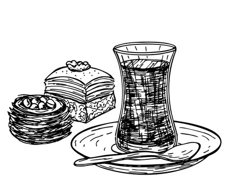 Turkish delicious and crispy baklava and tea. Turkish and Ottoman dessert, and authentic glass of tea sketch. Hand drawn vector illustration of traditional Turkish dessert isolated on white.のイラスト素材