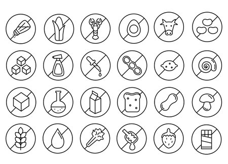 Allergen free icons set. Warning ingredient label icons. Outline styled icons. Food Icons. Vector illustration. Editable stroke.のイラスト素材