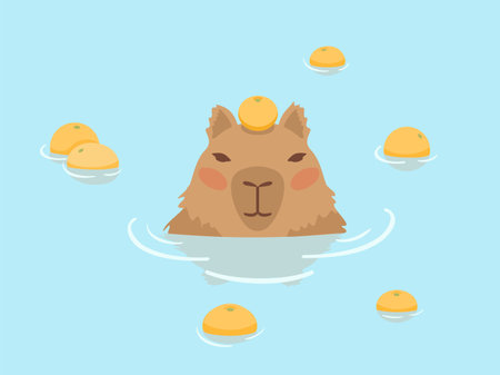 Cute Capybara vector design. Capybara in Japanese Onsen hot spring. Capybara floating in the water and oranges. Kawaii drawing, funny illustration.のイラスト素材