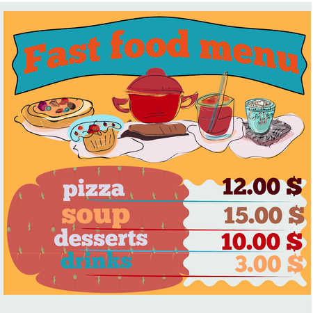 Decorative elements for your packing design. Multicolor decor. Fast food menu for printのイラスト素材