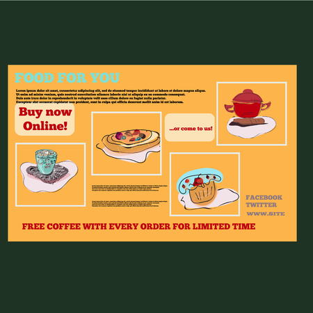 Food items for cafe in bright colors in horizontal banner set isolated vector illustrationのイラスト素材