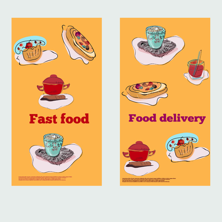 Food items for cafe in bright colors in horizontal banner set isolated vector illustrationのイラスト素材
