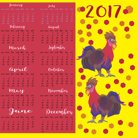 Calendar 2017 on white backgroun with a rooster. Red fiery cock symbol. Week starts with Sunday. Polygonal Geometric .Vector illustrationのイラスト素材