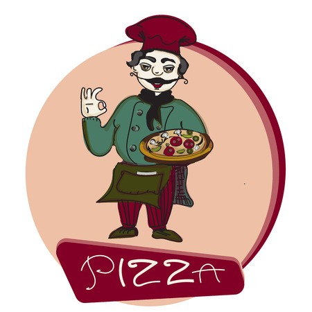chef pizza banner, cooker character, vector illustration hand drawnのイラスト素材