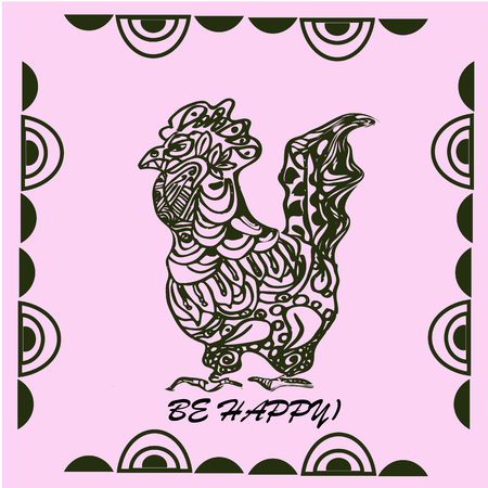 Doodle rooster coloring book page or fabric print inside of frame. Cockerel is symbol of 2017 year.のイラスト素材