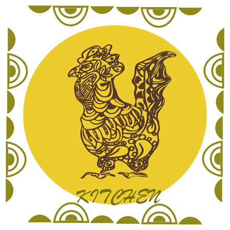 Doodle rooster coloring book page or fabric print inside of frame. Cockerel is symbol of 2017 year.のイラスト素材
