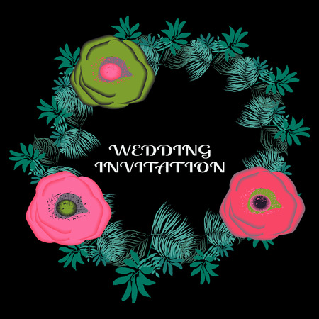 Wedding invitation or card design with exotic tropical flowers and leavesのイラスト素材