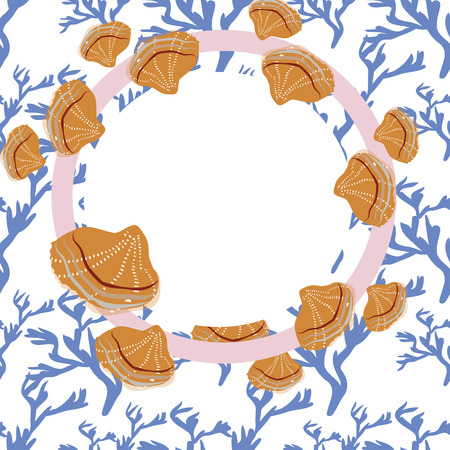 Vector seashells. Tropical summer nature gem background. Fashion vacation tropical ocean print, mockupのイラスト素材