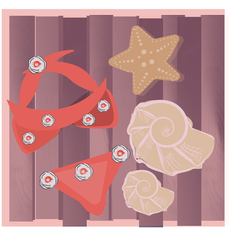 Swim suit and seashells on wooden background. Vector mockupのイラスト素材