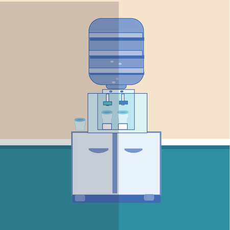 Gray white plastic water cooler with blue full bottle. vector illustration in flat design in interior background, with shadow. iconのイラスト素材