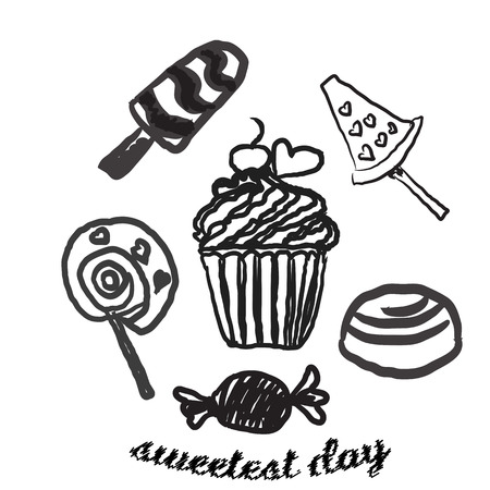 Sweet candies line icons set in shape of circle with assorted chocolates colorful lollipops isolated vector illustration, sweetest dayのイラスト素材