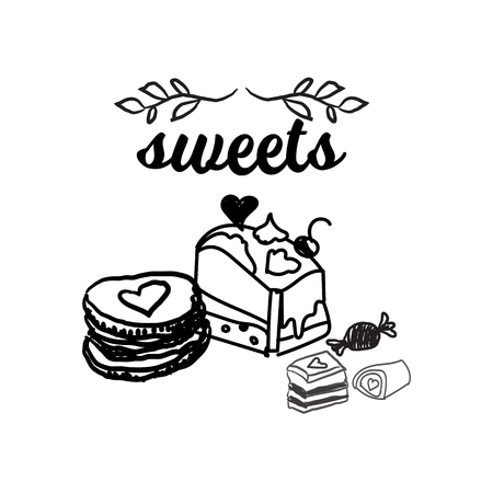 Sweet candies line icons set in shape of circle with assorted chocolates colorful lollipops isolated vector illustration, sweetest dayのイラスト素材