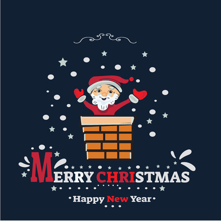 Merry Christmas banner. Santa Claus stuck in the chimney city rooftops. Gift box. Concept poster, greeting card, flyer. Cartoon style. Vectorのイラスト素材