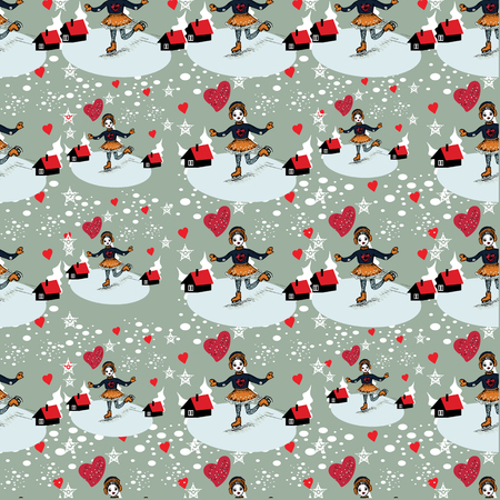 Adorable little girl wearing warm sweater and colorful hat skating on ice rink near modern housesのイラスト素材