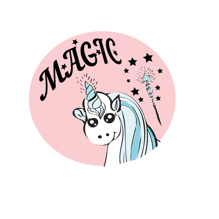 Vector illustration with cute cartoon unicorn dreamのイラスト素材
