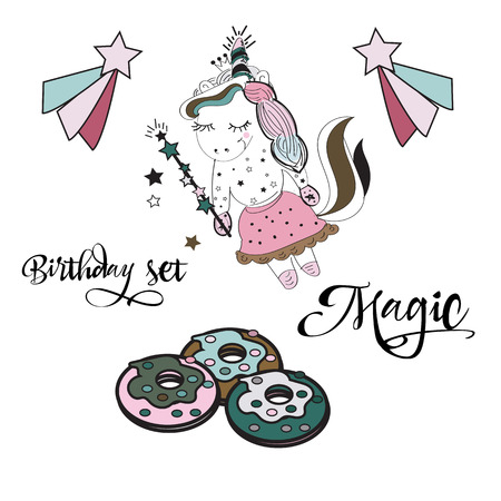 Magical time card set. Card, label and poster for printing. Magic illustration with unicorn and different elements of fairy tales. Poster for children bedroom. Invitation for kids party.のイラスト素材