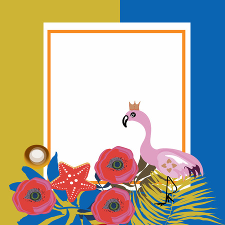 Tropical Flowers and Flamingo Summer Banner, Graphic Background, Exotic Floral Invitation, Flyer or Card. Modern Front Page in Vector. Place for textのイラスト素材