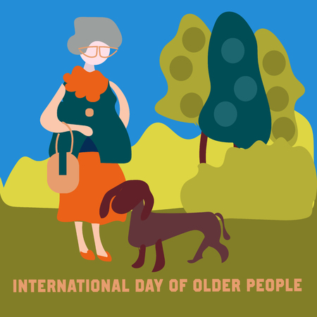 grandmother is walking in the park with her dog. Flat modern vectorのイラスト素材