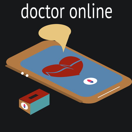 Video Conferencing With Female Doctor On Computer. Vector illustration. flat isometry. For banner in clinic, trendyのイラスト素材