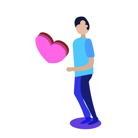 person in love wih present and big heart. in isometry style, bright colors,vector illustration, valentineのイラスト素材