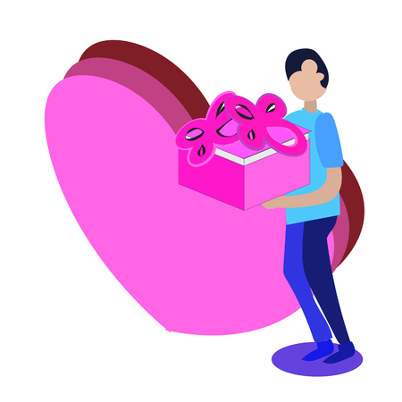 person in love wih present and big heart. in isometry style, bright colors,vector illustration, valentineのイラスト素材