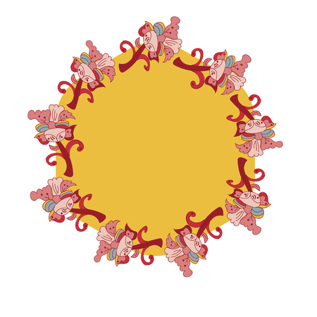 Vector abstract border, print on a yellow background. Floral pattern from red hand drawn flowers, fantasy leaves and fairy tale animal, ornate cute.wallpaper, kalamkariのイラスト素材