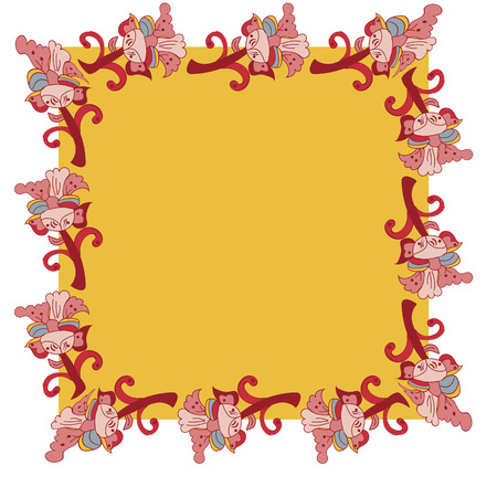 Vector abstract border, print on a yellow background. Floral pattern from red hand drawn flowers, fantasy leaves and fairy tale animal, ornate cute.wallpaper, kalamkariのイラスト素材