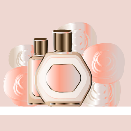 Fashion accessories collection. Toilet water perfume bottle with rose flower petals. Spring style organic cosmetics background. White and pink soft color romantic vector illustration design. Cardのイラスト素材