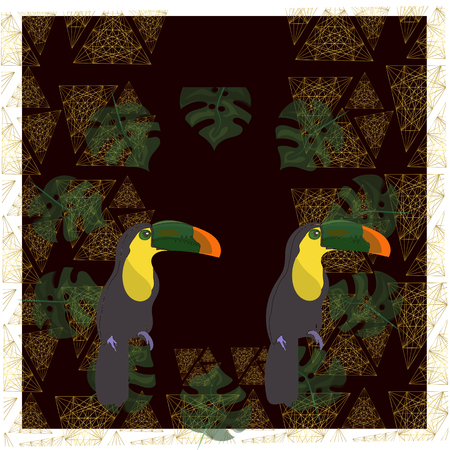 toucan with tropical flower and leave background, card, strelitziaのイラスト素材