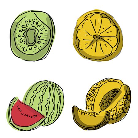 Vector set of fruit slices: watermelon,fruit, kiwi, pineapple, grapefruit, apple. Collection of summer food. Fresh fruits are isolated on white. Bright stickers for scrapbooking.のイラスト素材